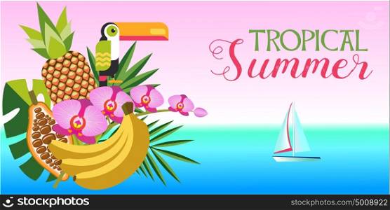 Exotic plants, fruits, pineapple, banana, cocoa, Toucan, an Orchid branch on a background of the ocean. Yacht in the ocean. Vector illustration of a tropical getaway.