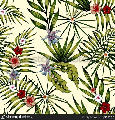 Exotic plants tropical hibiscus, plumeria flowers and banana leaves composition nature illustration seamless pattern white background