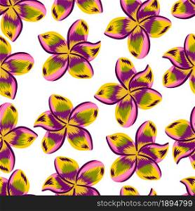 Exotic plumeria seamless pattern isolated on white background. Tropical flowers wallpaper. Botanical backdrop. Design for fabric , textile print, wrapping, cover. Beautiful vector illustration.. Exotic plumeria seamless pattern isolated on white background.