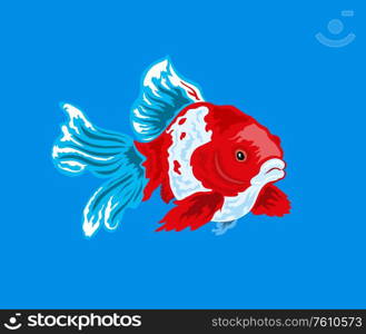 Exotic red gold multi-colored fish swims in the depths of the ocean. Vector drawing illustration see bright colors.