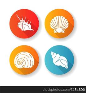 Exotic sea shells flat design long shadow glyph icons set. Molluscan cockshells, conchology Sea scallop, moonshell, triton conch and spiked shell silhouette RGB color illustration. Exotic sea shells flat design long shadow glyph icons set