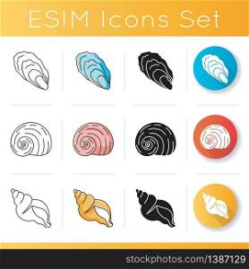 Exotic sea shells icons set. Linear, black and RGB color styles. Molluscan cockshells, conchology. Oyster, moonshell and tulip shell vector isolated illustrations. Exotic sea shells icons set