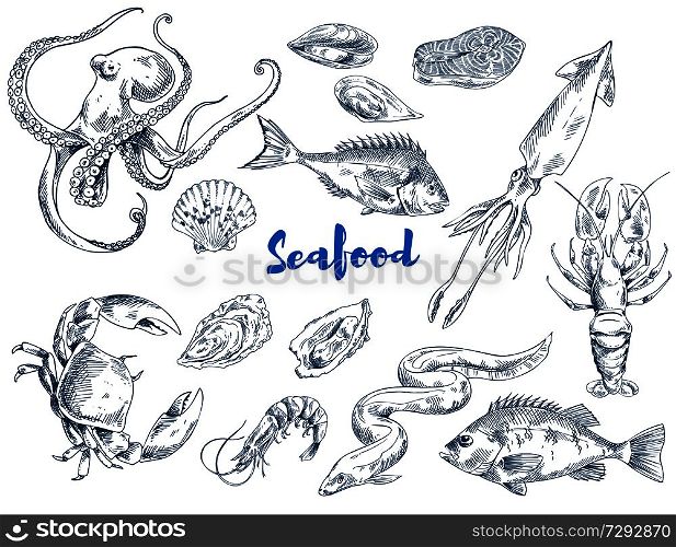 Exotic seafood such as huge octopus, ocean crab, long eel, king shrimp, ink squid, fresh lobster, tasty salmon and mollusks vector illustrations.. Exotic Seafood Monochrome Sketch Illustrations Set