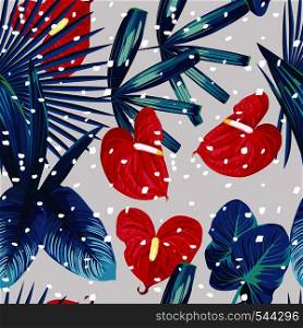 Exotic seamless composition with flower and plants. Xmas pattern tropical snow