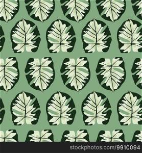 Exotic seamless hawaii pattern with simple monstera shapes ornament. Pastel foliage print in green tones. Floral artwork. Perfect for fabric design, textile print, wrapping, cover. Vector illustration. Exotic seamless hawaii pattern with simple monstera shapes ornament. Pastel foliage print in green tones. Floral artwork.