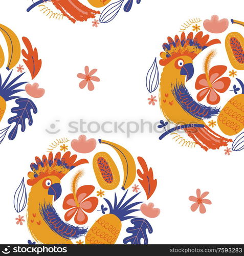 Exotic seamless pattern. Cockatoo parrots and bright tropical flowers and fruits. Vector illustration in a minimalistic style