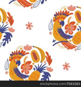Exotic seamless pattern. Cockatoo parrots and bright tropical flowers and fruits. Vector illustration in a minimalistic style