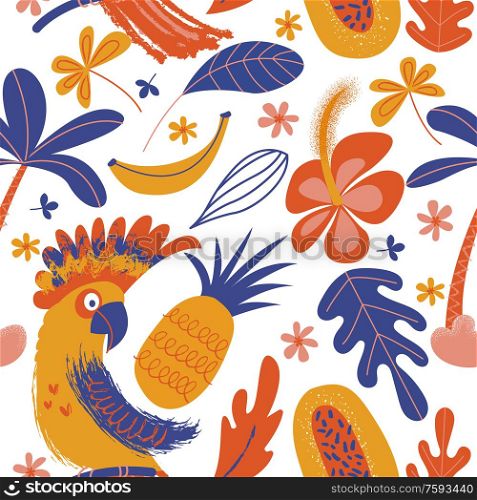 Exotic seamless pattern. Cockatoo parrots and bright tropical flowers and fruits. Vector illustration in a minimalistic style. Exotic seamless pattern. Cockatoo parrots and bright tropical flowers and fruits. Vector illustration.
