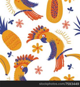 Exotic seamless pattern. Cockatoo parrots and bright tropical flowers and fruits. Vector illustration in a minimalistic style. Exotic seamless pattern. Cockatoo parrots and bright tropical flowers and fruits. Vector illustration.