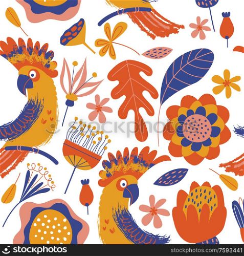 Exotic seamless pattern. Cockatoo parrots and bright tropical flowers on a white background. Vector illustration with unique hand drawn textures. . Exotic seamless pattern. Cockatoo parrots and bright tropical flowers on a white background. Vector illustration.