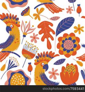 Exotic seamless pattern. Cockatoo parrots and bright tropical flowers on a white background. Vector illustration with unique hand drawn textures. . Exotic seamless pattern. Cockatoo parrots and bright tropical flowers on a white background. Vector illustration.
