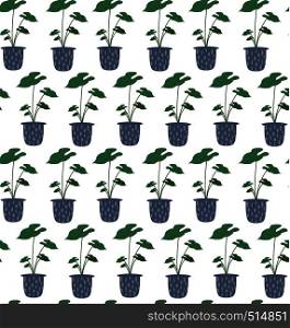 Exotic seamless pattern tropical houseplant in a flower pot. Flat colorful vector illustration.. Exotic seamless pattern tropical houseplant in a flower pot.