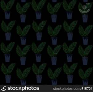 Exotic seamless pattern tropical houseplant in a flower pot on black background. Flat vector illustration.. Exotic seamless pattern tropical houseplant in a flower pot.