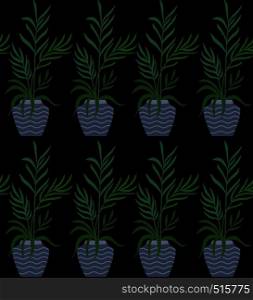Exotic seamless pattern tropical houseplant in a flower pot on black background. Flat vector illustration.. Exotic seamless pattern tropical houseplant in a flower pot.