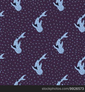 Exotic seamless pattern with blue whale shark silhouettes. Navy blue dotted background. Ocean print. Perfect for fabric design, textile print, wrapping, cover. Vector illustration.. Exotic seamless pattern with blue whale shark silhouettes. Navy blue dotted background. Ocean print.