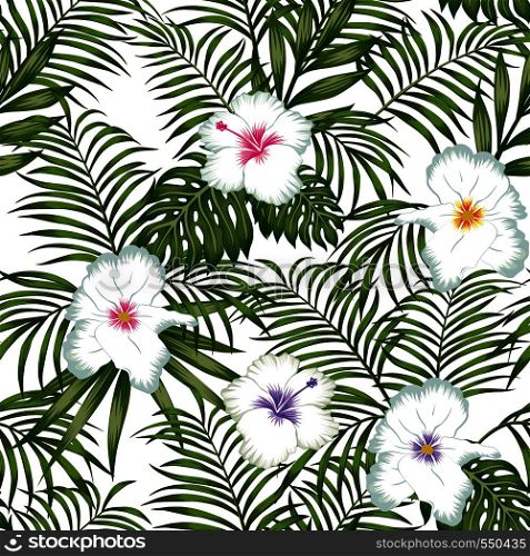 Exotic seamless tropical pattern with white beauty flowers hibiscus and green jungle leaves. Botanical wallpaper on the white background
