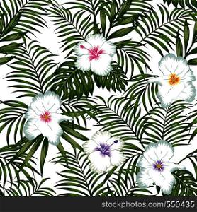Exotic seamless tropical pattern with white beauty flowers hibiscus and green jungle leaves. Botanical wallpaper on the white background