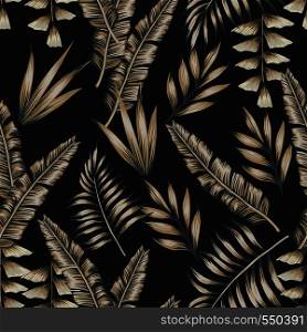 Exotic spring tropical banana leaves seamless black background. Vector summer pattern