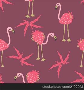 Exotic strawberry flamingo and leaves seamless pattern. Perfect for T-shirt, textile and print. Hand drawn vector illustration for decor and design.