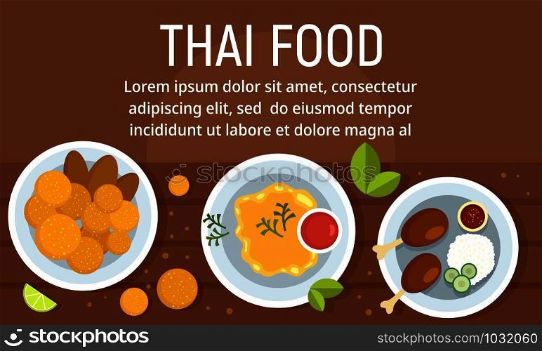 Exotic thai food concept banner. Flat illustration of exotic thai food vector concept banner for web design. Exotic thai food concept banner, flat style