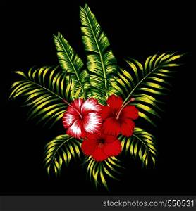 Exotic trendy composition from tropical flowers hibiscus and palm, banana leaves on the black background