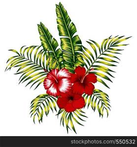 Exotic trendy composition from tropical flowers hibiscus and palm, banana leaves on the white background