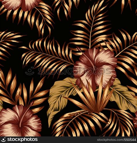 Exotic trendy seamless composition from tropical flowers hibiscus and palm, banana leaves gold tint on the black background