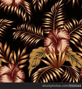 Exotic trendy seamless composition from tropical flowers hibiscus and palm, banana leaves gold tint on the black background