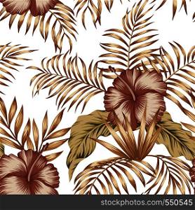Exotic trendy seamless composition from tropical flowers hibiscus and palm, banana leaves gold tint on the white background