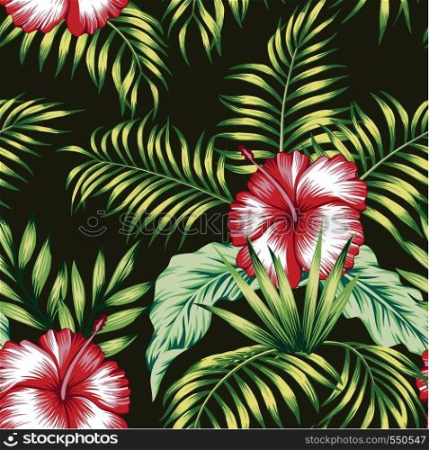 Exotic trendy seamless composition from tropical flowers red hibiscus and green palm, banana leaves on the black background