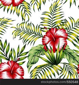 Exotic trendy seamless composition from tropical flowers red hibiscus and green palm, banana leaves on the white background