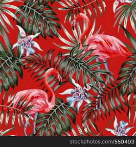 Exotic tropcal bird pink flamingo, palm leaves and flowers. Trendy living coral background pattern vector seamless