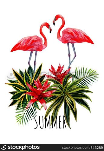 Exotic tropic bird pink flamingo with palm leaves and plant flower agave hand drawn watercolor. Print trendy flower vector illustration poster with the slogan summer