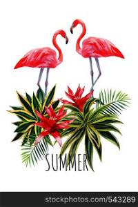 Exotic tropic bird pink flamingo with palm leaves and plant flower agave hand drawn watercolor. Print trendy flower vector illustration poster with the slogan summer