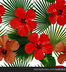 Exotic tropic flower hibiscus, green leaves on the white background. Beach vector seamless pattern wallpaper