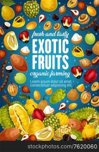Exotic tropic fruits tamarind, jackfruit or pomelo and quince pear. Tropical fruit agriculture and farm market morinda, ackee apple or pepino and organic jabuticaba. Exotic tropic fruits, tropical farm market poster