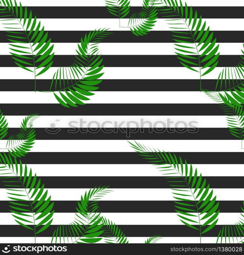 Exotic tropic plants composed of palm leaves, on black and white stripe geometric background. Flower trendy seamless pattern. Hand drawn fashion wallpaper.