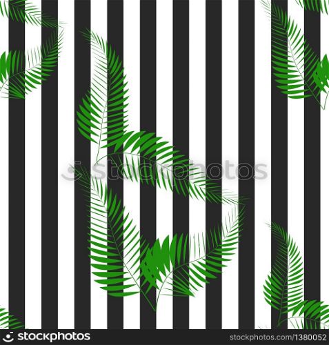 Exotic tropic plants composed of palm leaves, on black and white stripe geometric background. Flower trendy seamless pattern. Hand drawn fashion wallpaper.