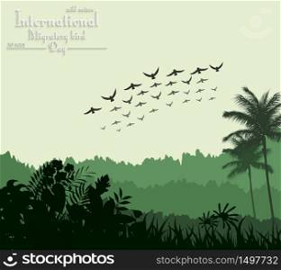 Exotic tropical background beautiful with flying birds for Birds migratory day.Vector
