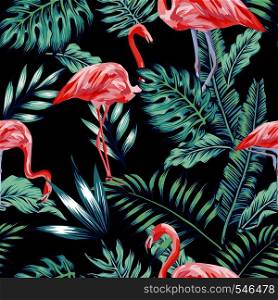 Exotic tropical bird pink flamingo in the night blue forest jungle on the black background. Vector beach art seamless wallpaper pattern