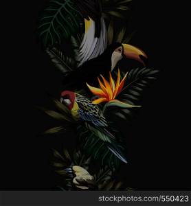 Exotic tropical bird toucan, parrot, green leaves and fiery flowers seamless black background. Realistic vector ribbon pattern