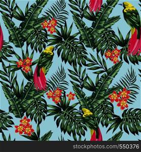 Exotic tropical birds jungle, flowers frangipani (plumeria) and green leaves blue background. Vector seamless pattern