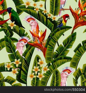 Exotic tropical birds parrot in the green jungle flowers frangipani plumeria white background