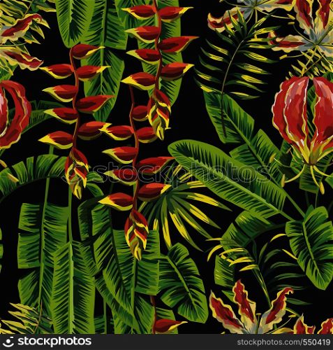 Exotic tropical composition green banana leaves and red flowers seamless vector pattern on the black background