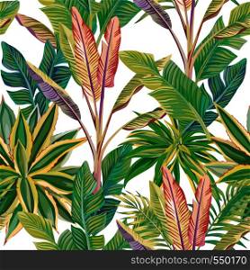 Exotic tropical composition summer jungle seamless pattern green solar day palm leaves and succulent cactus