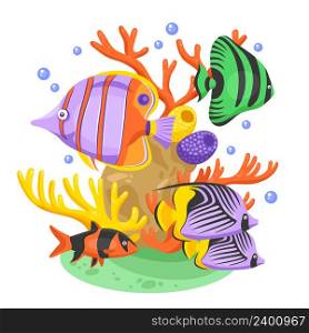 Exotic tropical fish concept with fish and corals flat vector illustration . Exotic Tropical Fish Illustration