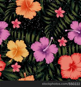 Exotic tropical flat vector leaves, flowers hibiscus frangipani seamless pattern black star snow background. Trendy hand drawn bright art illustration
