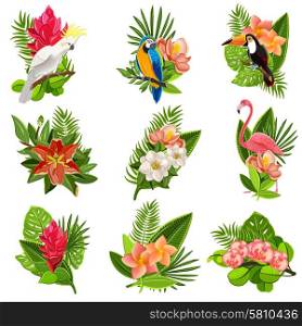 Exotic tropical flowers and birds icons collection with beautiful opulent green foliage arrangements abstract isolated vector illustration. Tropical birds and flowers pictograms set