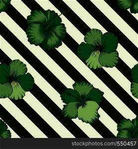 Exotic tropical flowers hibiscus in abstract green color seamless vector pattern on a background of geometric diagonal black and white lines