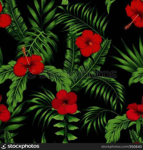 Exotic tropical flowers pink and red hibiscus, green monstera, palm leaves pattern seamless on the black background. Beach vector wallpaper